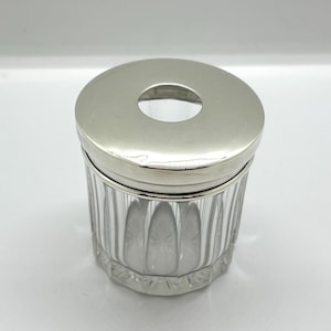 Antique solid silver topped glass hair tidy dressing table jar - reeded / ridge style glass & plain silver lid