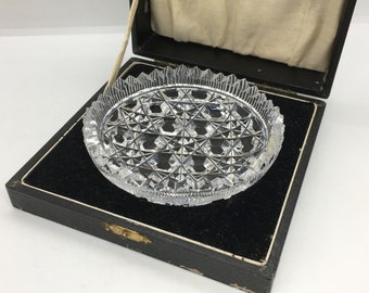 Vintage cut glass / crystal butter serving dish in original fitted box