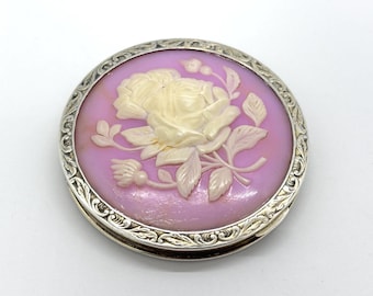 Vintage Russian 875 Solid Silver & Rose Cameo inset Compact Mirror Case
