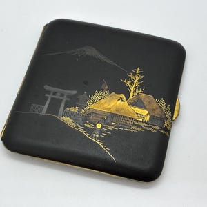 Vintage Japanese Damascene cigarette case - the black inlaid with 24k gold featuring village scene and Mount Fuji