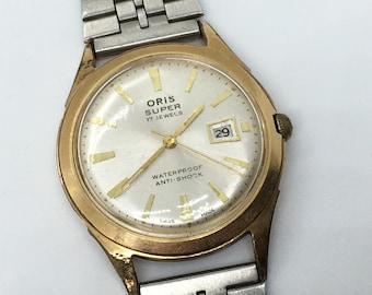 Vintage gold plated men Oris super 17 jewel wristwatch watch with stainless steel strap - working