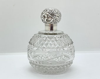 Antique sterling silver topped cut glass perfume dressing table bottle - bulbous shape - hinged lid