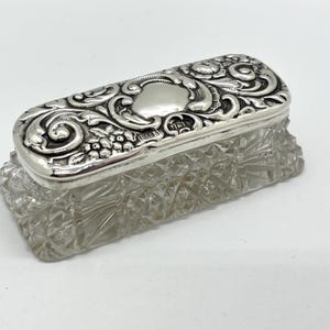 Antique solid silver topped cut glass dressing table pot / box - embossed art nouveau style sterling lid