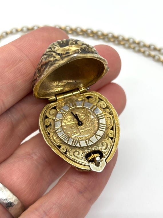 Miniature Solid Silver Gilt Walnut shaped Pocket … - image 3