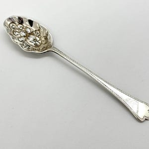 Könnte beinhalten: Ein silberner Löffel mit einer verzierten Schale und einem langen, schlanken Stiel. Die Schale weist ein detailliertes Blumendesign auf. Der Griff hat ein zartes, strukturiertes Muster. Der Löffel ist wahrscheinlich Vintage oder antik.
