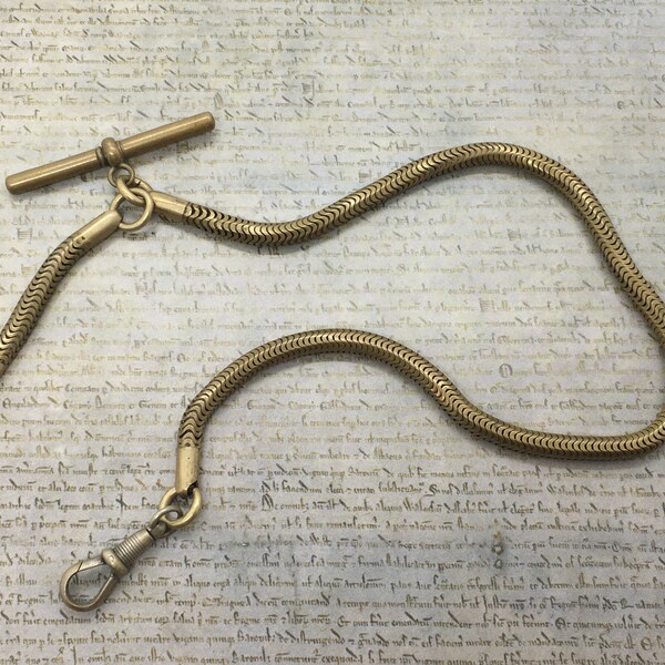 Vintage brass snake link style Albert pocket watch chain with T-bar and dog clip - 34cm long
