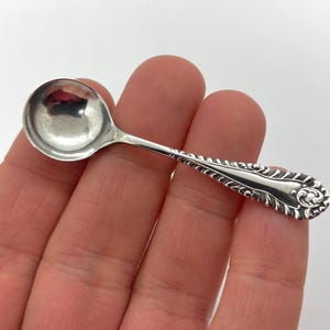 以下が含まれることがあります： 丸いボウルと装飾的なハンドルが付いた小さな銀のスプーン。スプーンは手で持たれており、繊細なデザインが際立っています。ハンドルには詳細なスクロールワークと装飾的な端があります。このアンティークスタイルのスプーンはおそらく調味料のサービング用です。