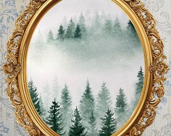 Misty Evergreen Forest Watercolor Art Print – Serene Trees Wall Decor