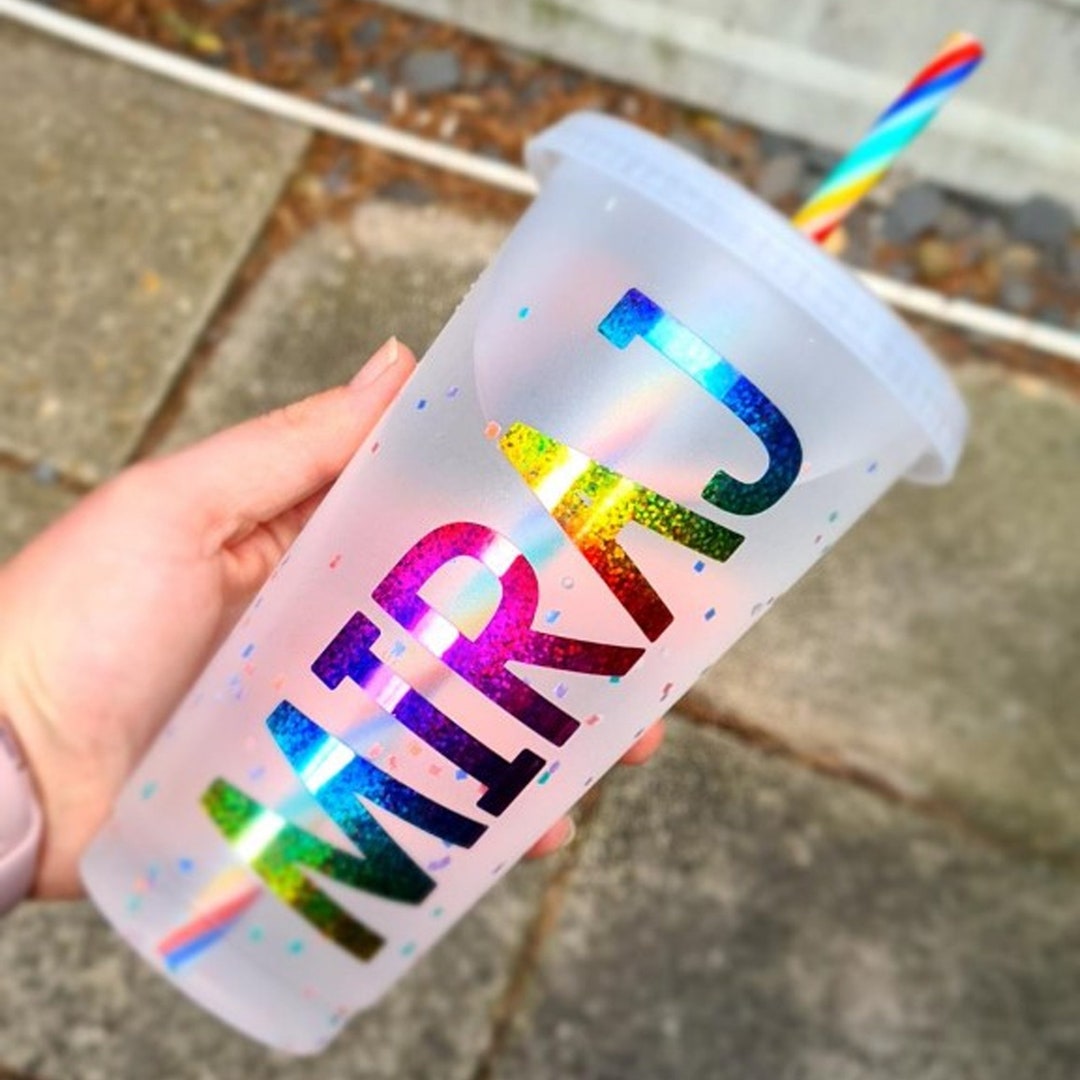 Personalised Confetti Cold Cup Rainbow Tumbler With Straw BPA Free
