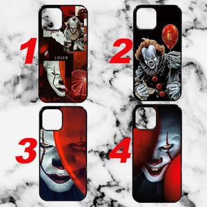 May include: Four black phone cases featuring Pennywise the clown from the movie IT. Case 1 has a collage design with the word LOSER. Case 2 shows the clown holding a red balloon and paper boat. Cases 3 and 4 feature close-up portraits of the clown.