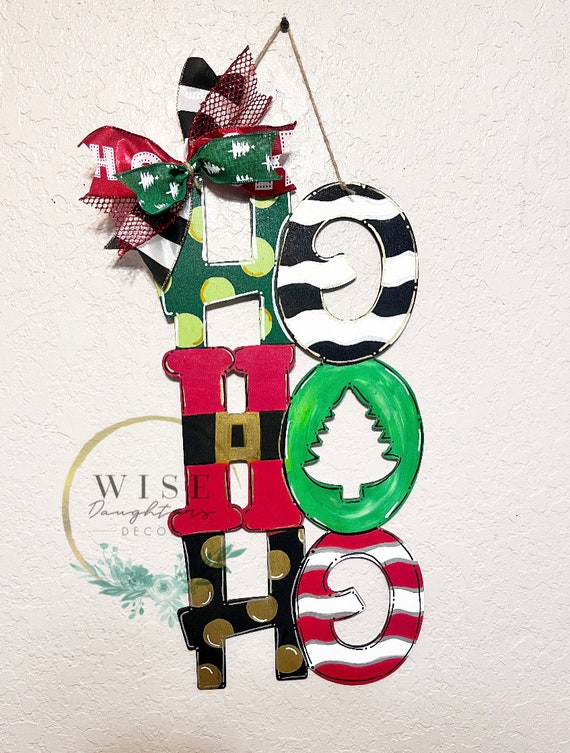 HO HO HO Holiday Door Hanger, Santa Front Door Christmas Wreath, Tree Decorations, Winter Wood Wall Sign, Whimsical Holiday Party Decor