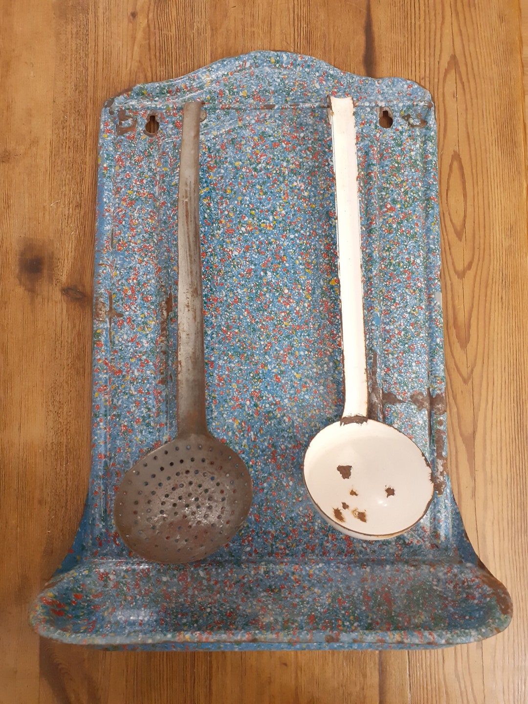Image showcasing Vintage French Enamel Kitchen Utensils Holder With Drip Tray, Ladle and ...
