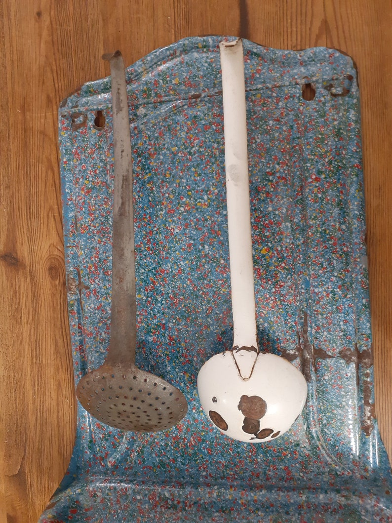 Vintage French Enamel Kitchen Utensils Holder With Drip Tray, Ladle and