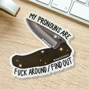 My Pronouns Are FA/FO Waterproof Vinyl Sticker, LGBT Knife Decal, Queer Stickers, Non-Binary Decals, Sarcastic Memes, Funny Unhinged Joke