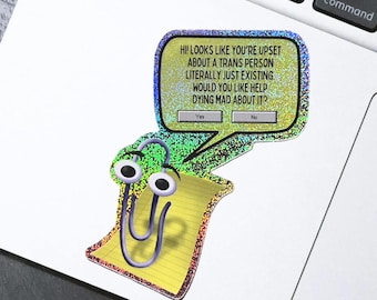 Millennial Clippy Vinyl Sticker, Microsoft Stickers, Trans Meme Decals, LGBT Acceptance, Transgender, Sarcastic Unhinged Decal, Paper Clip