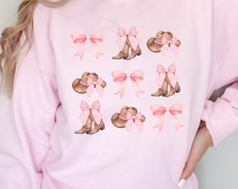 Pink Cowgirl Sweatshirt: Coquette Western Bow Crewneck, Girly Boots and Bows Sweater