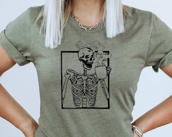 Hot Coffee Skeleton Shirt, Skeleton Drinking Coffee TShirt, Skeletons Caffeine Graphic Tee, Halloween Costume Shirt, Skull Tee