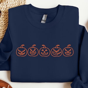 Five Pumpkins Sweatshirt – Cute Halloween Jack-O’-Lantern Faces Crewneck, Gildan® Sizes XS - 2XL