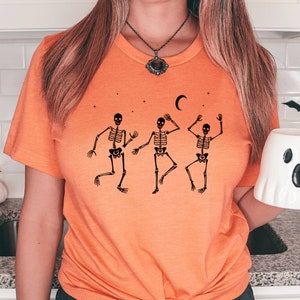 Halloween Party Dancing Skeleton Shirt, Happy Halloween Skeletons Graphic Tee, Oversized Comfortable Halloween Costume Tee