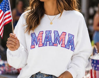 Felpa patriottica "Mama" - Maglietta girocollo per la mamma per il 4 luglio, outfit per il Giorno dell'Indipendenza con bandiera americana