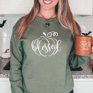 Blessed Sweatshirt, Fall T-Shirts, Fall Crewnecks, Fall Outfits, Fall Shirts, Thanksgiving Thankful Pumpkin Blessed Graphic Tee