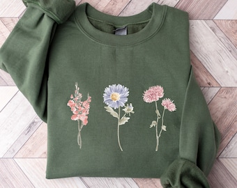 Moletom personalizado com flor do mês de nascimento: Moletom floral sentimental com gola redonda, presente para o Dia das Mães