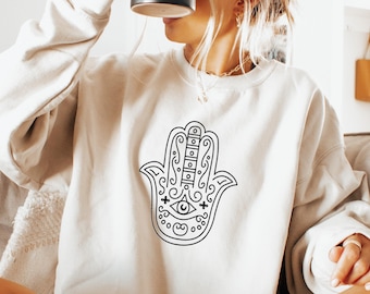 Hamsa Hand Sweatshirt - Evil Eye Protection Crewneck, Spiritual Boho Minimalist Design