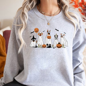 Ghost Dogs Halloween Sweatshirt, Pumpkins Crewneck, Cute Halloween Sweater, Vintage Retro Fall Shirts, Flowers Jack O Lantern Shirt