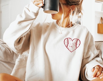 Sudadera con corazón de béisbol - Cuello redondo desgastado para mamá deportista, regalo para fanáticos del juego