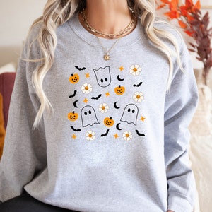 Halloween Doodles Sweatshirt, Halloween Little Things Crewneck, Ghost Pumpkin Sweater, Cute Spooky Autumn Gift, Fall Apparel for Her