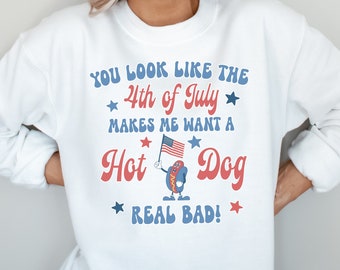 Sudadera divertida del 4 de julio: Sudadera de cuello redondo con estampado de perritos calientes para el Día de la Independencia, ideal para fiestas de barbacoa y fuegos artificiales.