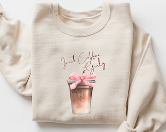 Iced Coffee-sweater: girly coquette ronde hals met roze strik, cadeau latte-liefhebber