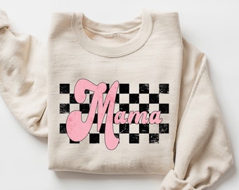 Retro Mama Sweatshirt, Checkered Mama Crewneck, Mother's Day Gift, Gift for New Mom, Mom Birthday Gift, Mama Christmas Gift, Mom Graphic Tee