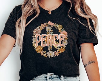 Floral Peace Zeichen Shirt: Retro Hippie Boho Grafik Tee, Festival Outfit