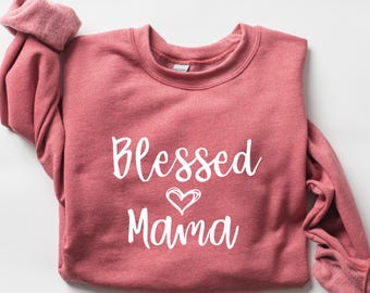 Sudadera "Blessed Mama": Sudadera de cuello redondo con el mensaje "Christian Blessings Mom", regalo para el Día de la Madre.