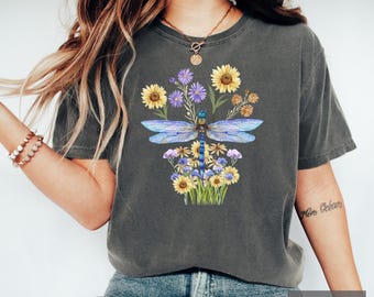 Dragonfly Shirt: Boho Floral Cottagecore Graphic Tee, Botanical Wildflowers Insect TShirt