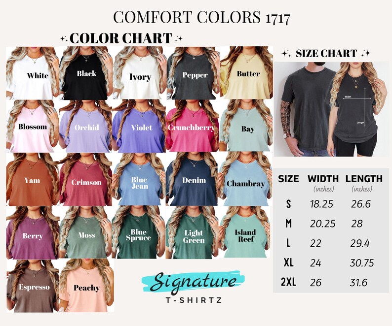 The image is a color chart and size chart for a collection of T-shirts, displaying various colors and corresponding sizes.