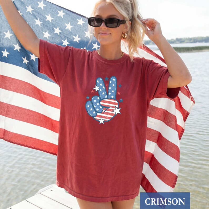 Patriotic Peace Sign Shirt - Custom Colors® Retro USA Peace Hand Tee, July 4th Outfit image 4