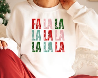 Sudadera navideña Fa La La: Sudadera festiva de cuello redondo para fiestas navideñas, sudadera con capucha de música navideña.