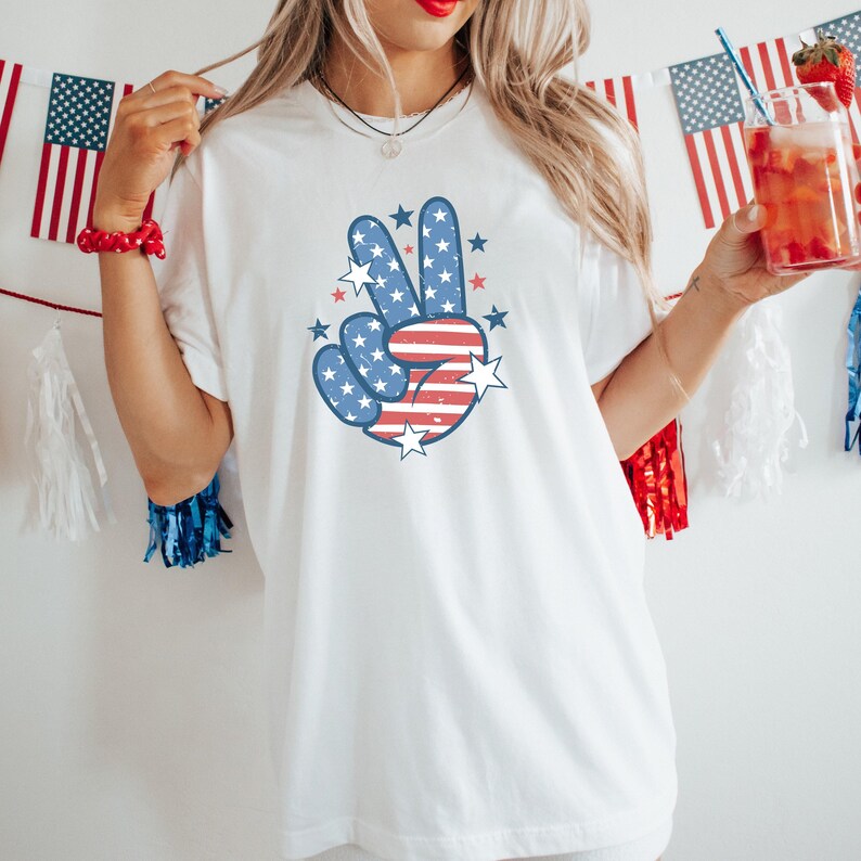 Patriotic Peace Sign Shirt - Custom Colors® Retro USA Peace Hand Tee, July 4th Outfit image 6