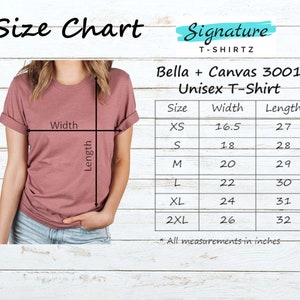 K&ouml;nnte beinhalten: Gr&ouml;&szlig;entabelle f&uuml;r das Unisex-T-Shirt Bella + Canvas 3001. Die Tabelle zeigt die Breite und L&auml;nge in Zoll f&uuml;r die Gr&ouml;&szlig;en XS, S, M, L, XL und 2XL.