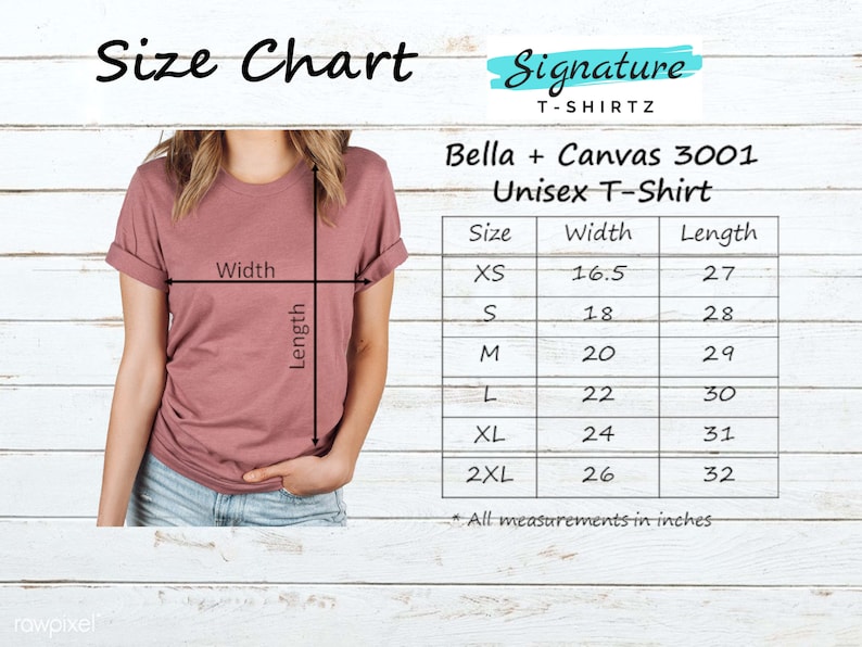 K&ouml;nnte beinhalten: Gr&ouml;&szlig;entabelle f&uuml;r das Unisex-T-Shirt Bella + Canvas 3001. Die Tabelle zeigt die Breite und L&auml;nge in Zoll f&uuml;r die Gr&ouml;&szlig;en XS, S, M, L, XL und 2XL.