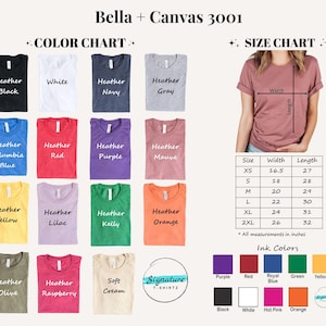 May include: Bella + Canvas 3001 colour and size chart featuring fifteen folded t-shirts in various colours including heather black, white, navy, grey, blue, red, purple, mauve, yellow, lilac, kelly, orange, olive, raspberry, and soft cream.
