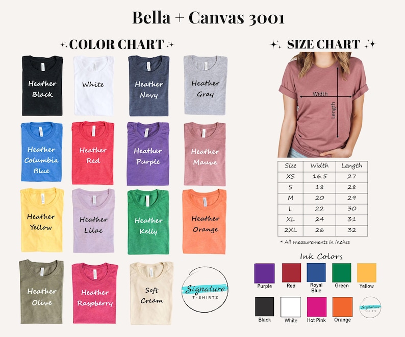 May include: Bella + Canvas 3001 colour and size chart featuring fifteen folded t-shirts in various colours including heather black, white, navy, grey, blue, red, purple, mauve, yellow, lilac, kelly, orange, olive, raspberry, and soft cream.