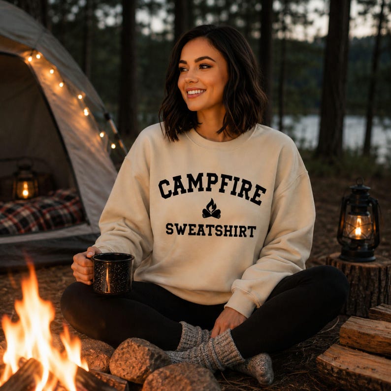 A woman sits cross-legged by a campfire, wearing a beige crewneck sweatshirt with "CAMPFIRE SWEATSHIRT" in black text and a small campfire icon.