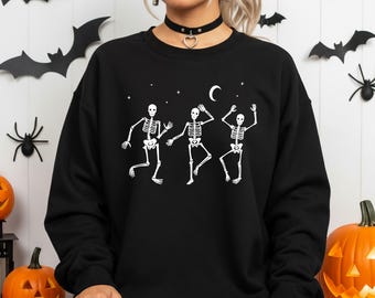 Sweatshirt mit tanzendem Skelett – Halloween-Skelett-Rundhalsausschnitt, Gruselsaison, Oktober-Outfit, Skelett-Tanzgrafik
