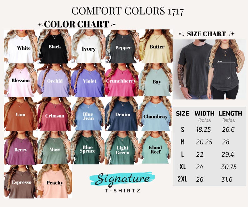 The image is a color chart and size chart for a collection of T-shirts, displaying various colors and corresponding sizes.