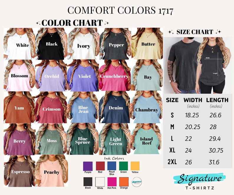 A t-shirt color and size chart displaying various options and measurements for Comfort Colors t-shirts.