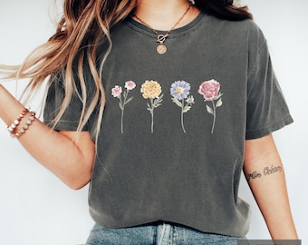 Custom Birth Flower Shirt: Comfort Colors® Personalized Mother's Day Floral Graphic Tee, Grandma Gift