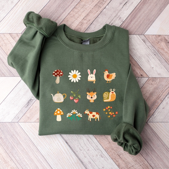 Cottagecore Doodles Sweatshirt: Boho Flowers Crewneck, Mushroom, Daisy, Snail